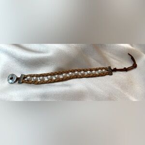 Braided Leather and Faux Pearl Bracelet